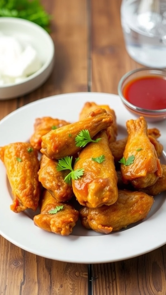 Crispy chicken wings cooked in an air fryer, served with hot sauce and garnished with parsley.